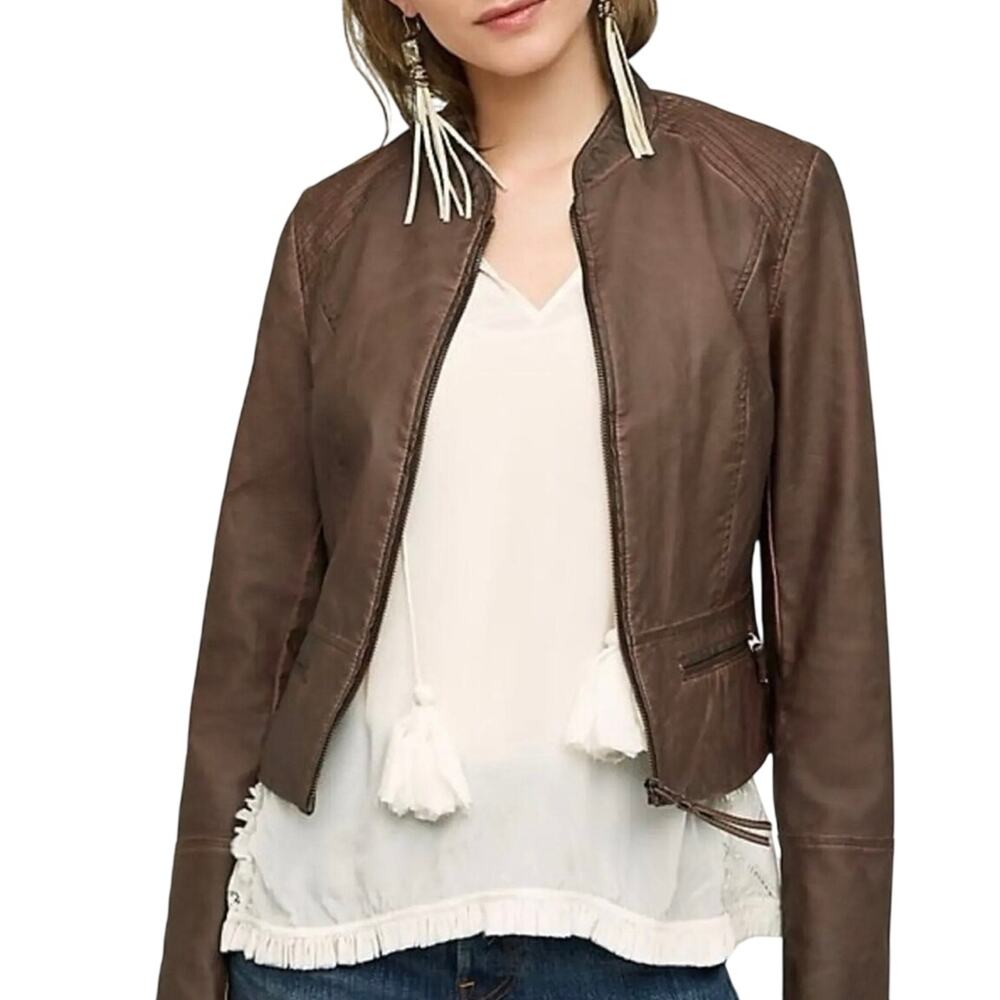 ANTHROPOLOGIE HEI HEI Women’s Vegan Leather Brown Zip Up Moto Jacket